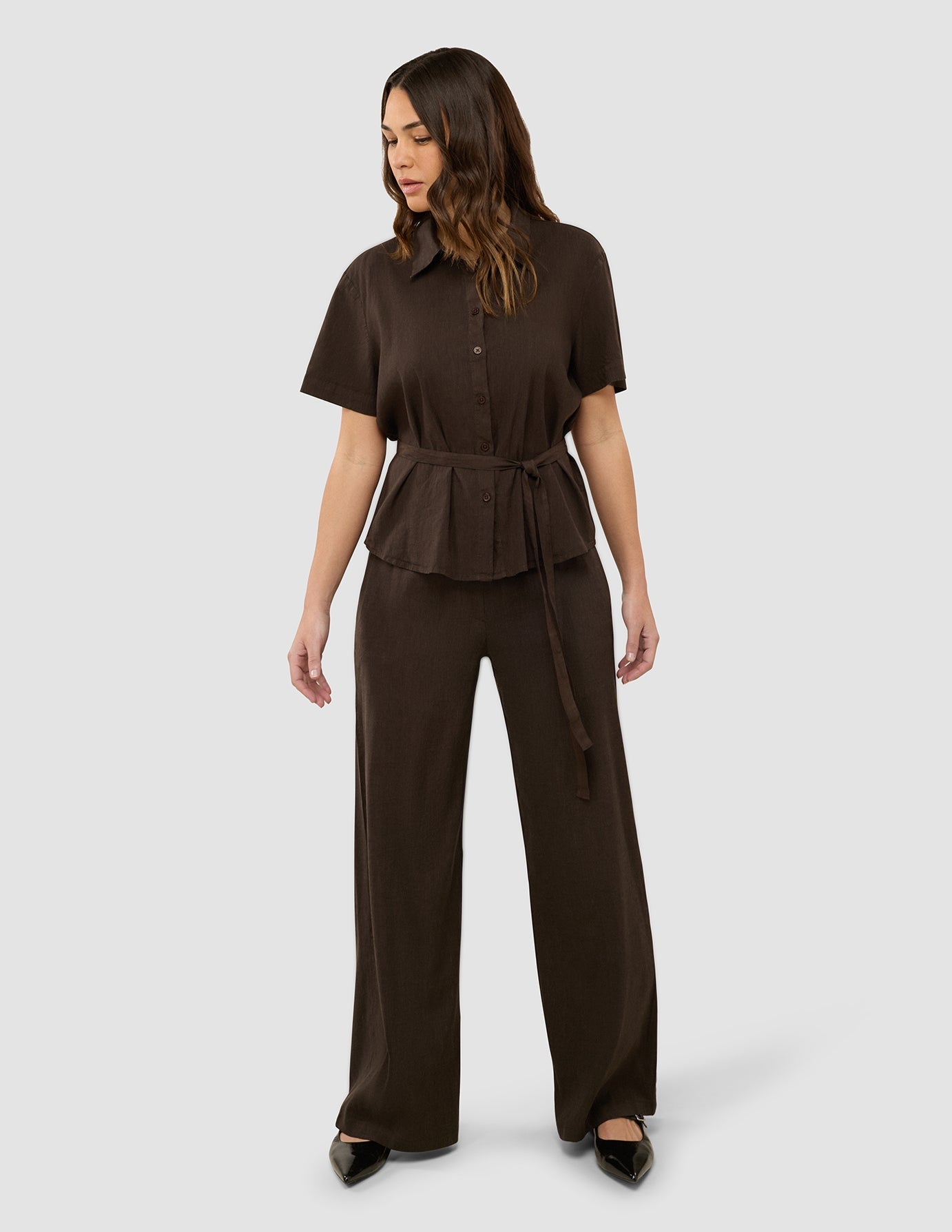 Women's Linen Shirt Short Sleeved Espresso